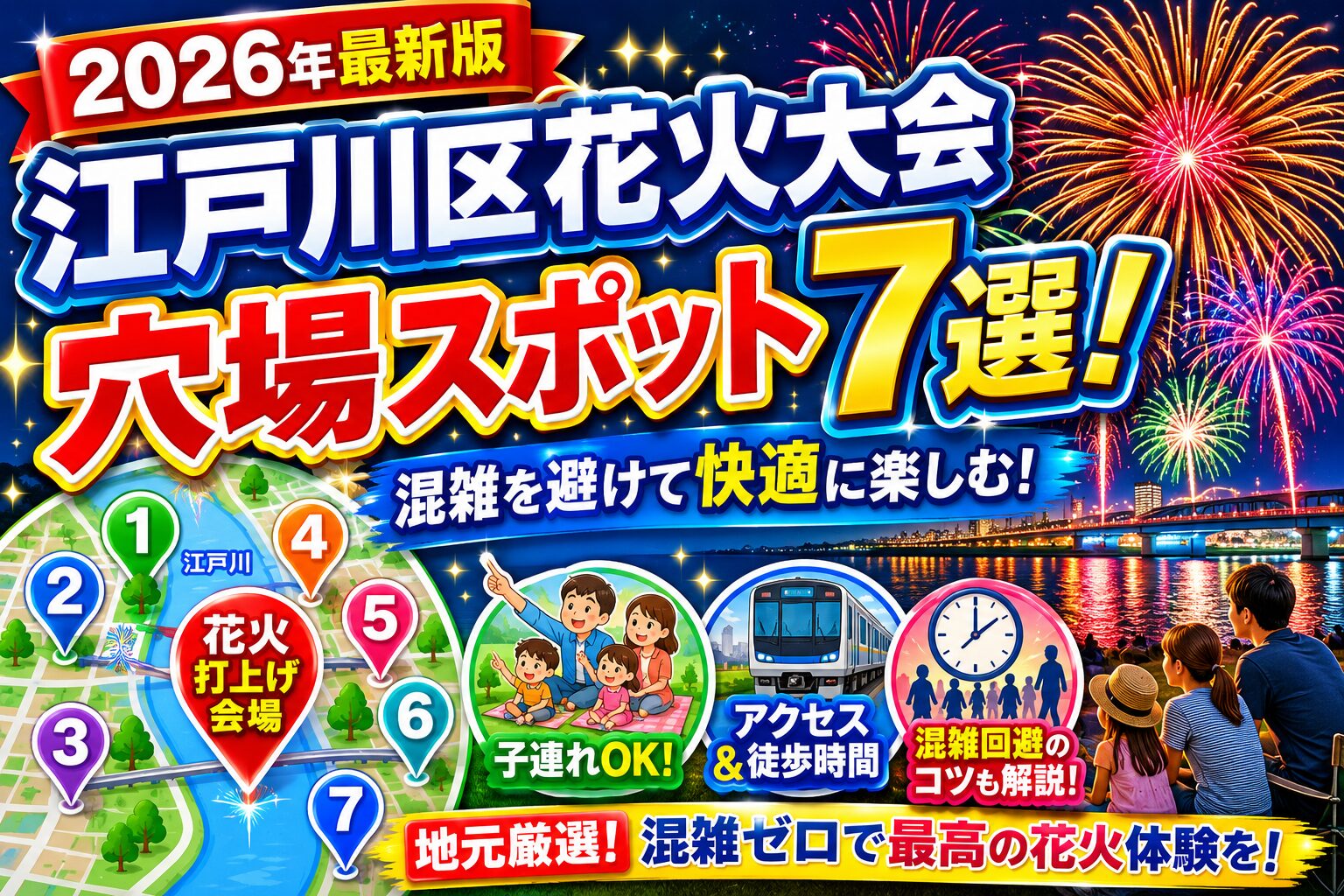 江戸川区花火大会の穴場スポット7選を紹介するアイキャッチ画像。花火、江戸川、観覧マップ、子連れOK、アクセス情報、混雑回避のポイントが描かれている。