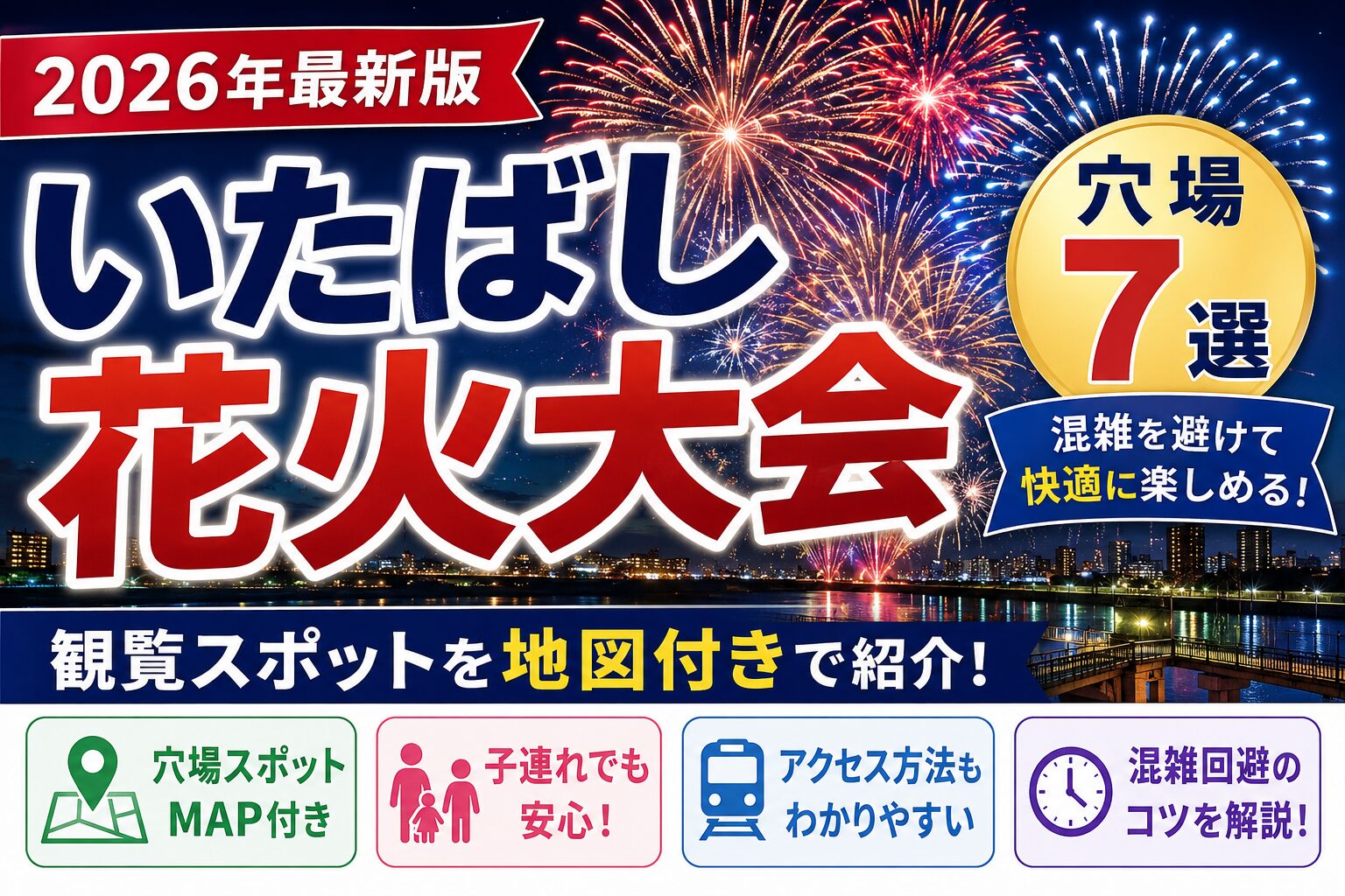 いたばし花火大会の穴場7選を紹介するアイキャッチ画像。花火と荒川の夜景を背景に、地図付き観覧スポットや混雑回避のポイントを伝えるデザイン。