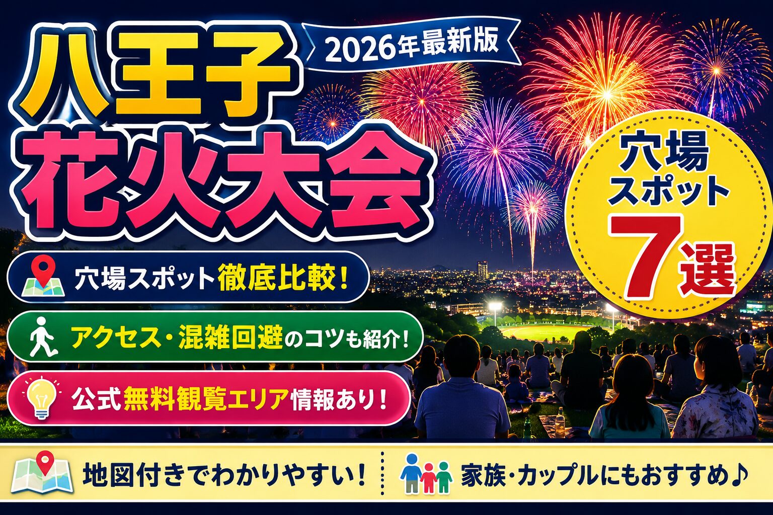 2026年版八王子花火大会の穴場スポット7選を紹介するアイキャッチ画像。夜空に打ち上がる色鮮やかな花火を背景に、「八王子花火大会」「穴場スポット7選」の文字を大きく配置。穴場スポット比較、アクセス方法、混雑回避のコツ、公式無料観覧エリア情報を掲載し、家族やカップル向けの観覧スポットを紹介している。