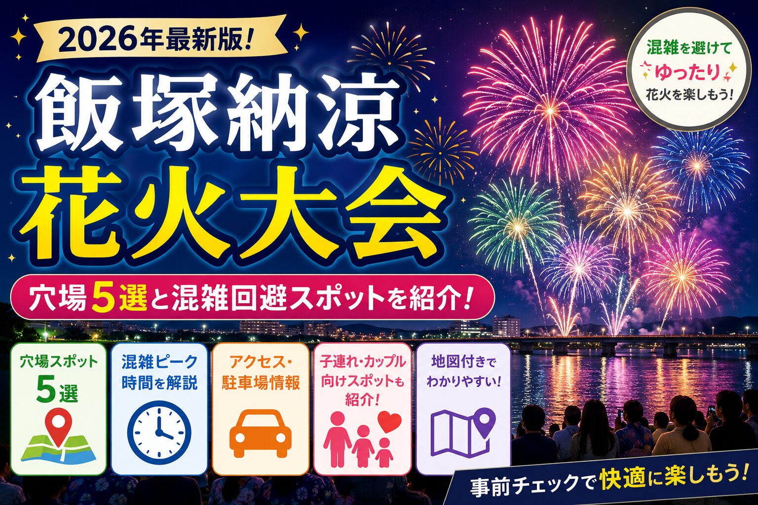 飯塚納涼花火大会2026のアイキャッチ画像。夜空に打ち上がる色鮮やかな花火と観覧客の様子、穴場5選・混雑回避・駐車場情報などを紹介するイメージ。