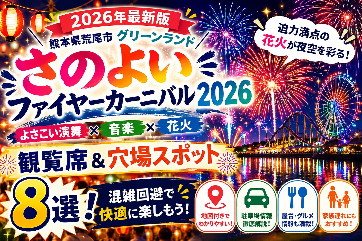 さのよいファイヤーカーニバル2026の花火とグリーンランドの夜景を背景に、観覧席・穴場スポット・混雑回避情報を紹介しているアイキャッチ画像
