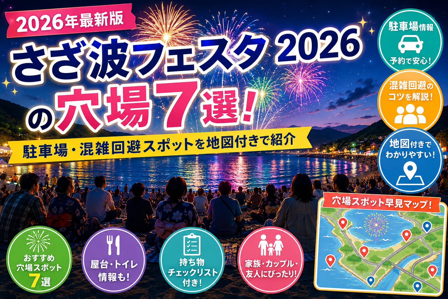 さざ波フェスタ2026の花火大会を海辺から観覧する様子と、穴場スポット・駐車場・混雑回避情報を紹介したアイキャッチ画像