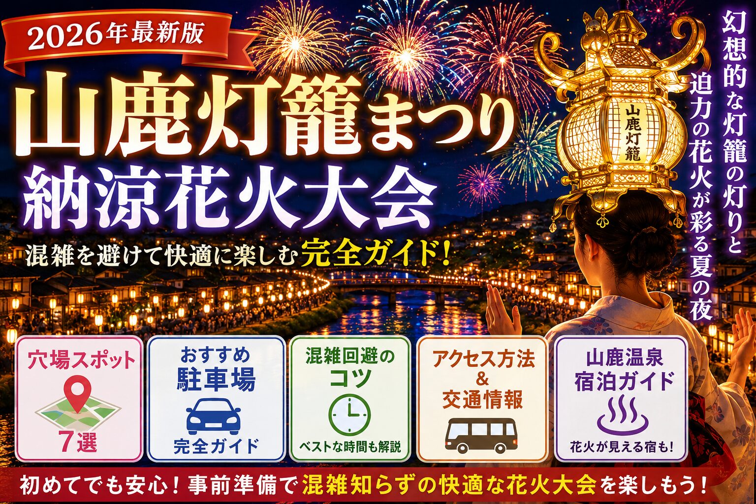 山鹿灯籠まつり納涼花火大会2026のアイキャッチ画像。幻想的な灯籠の灯りに包まれた山鹿温泉街と、夜空を彩る大迫力の花火を背景に、金灯籠を頭に乗せた女性が祭りを楽しんでいる様子。穴場スポット・駐車場・混雑回避情報を紹介する花火大会ガイド画像。