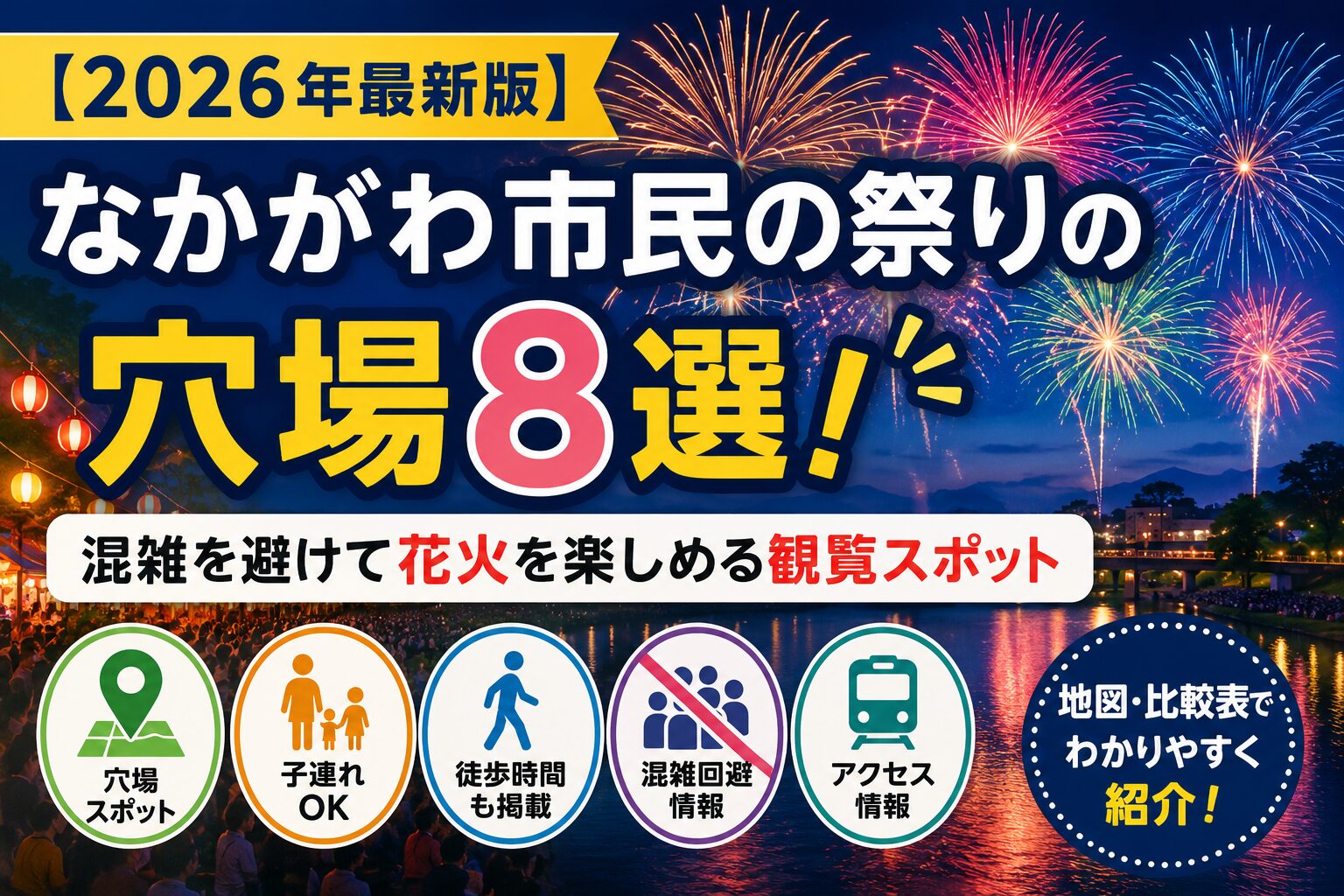 なかがわ市民の祭りの穴場8選と、混雑を避けて花火を楽しめる観覧スポットを紹介する2026年最新版のアイキャッチ画像