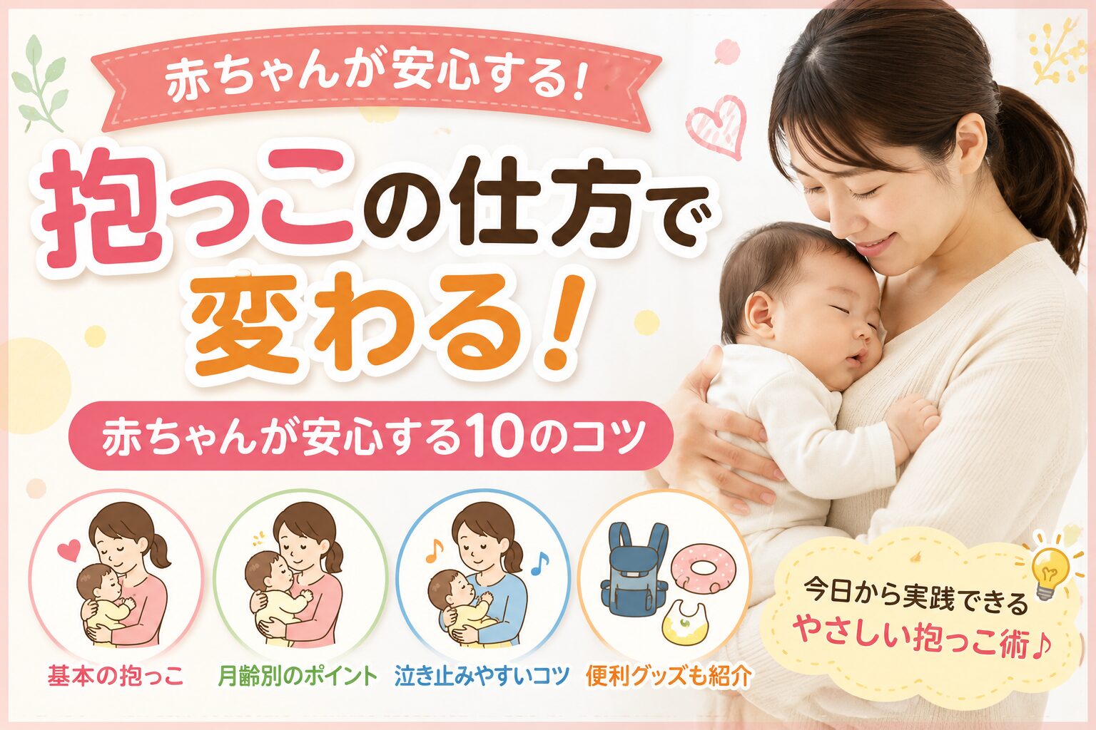 赤ちゃんを安心して抱っこするママの様子と、正しい抱っこの仕方や泣き止みやすいコツを紹介するアイキャッチ画像