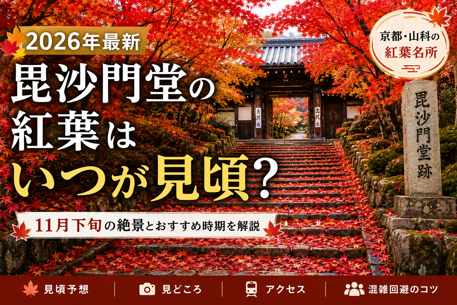 2026年の毘沙門堂の紅葉見頃を紹介するアイキャッチ画像。11月下旬の紅葉に彩られた石段と山門